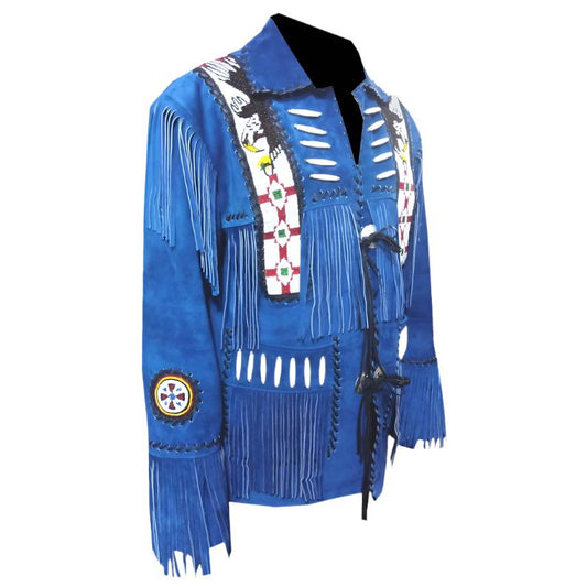 Native American Eagle Beaded Blue Suede Leather Jacket for Men PWJ2620