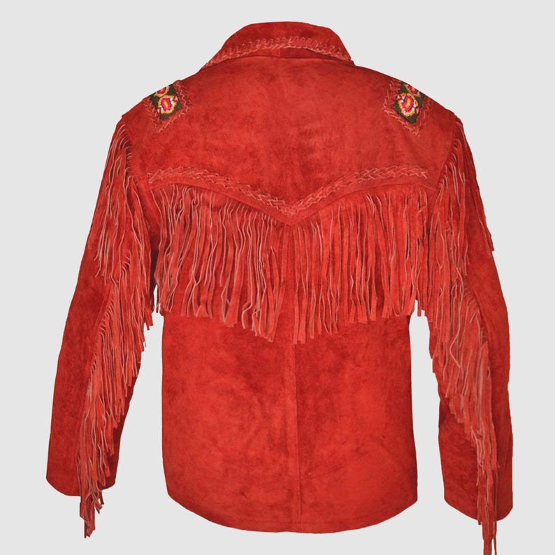 Native American Beaded Red Suede Leather Jacket for Men PWJ2490