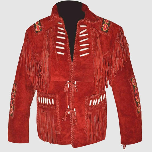 Native American Beaded Red Suede Leather Jacket for Men PWJ2490