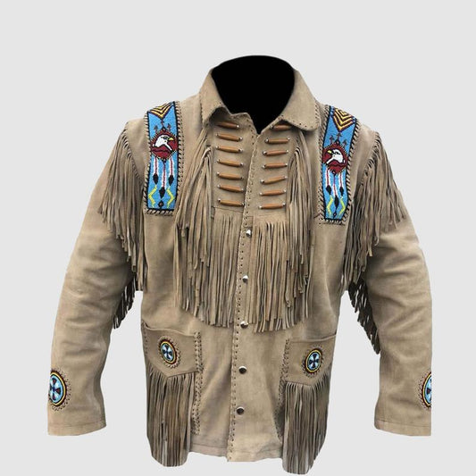 Native American Beaded Beige Suede Leather Jacket for Men PWJ2190