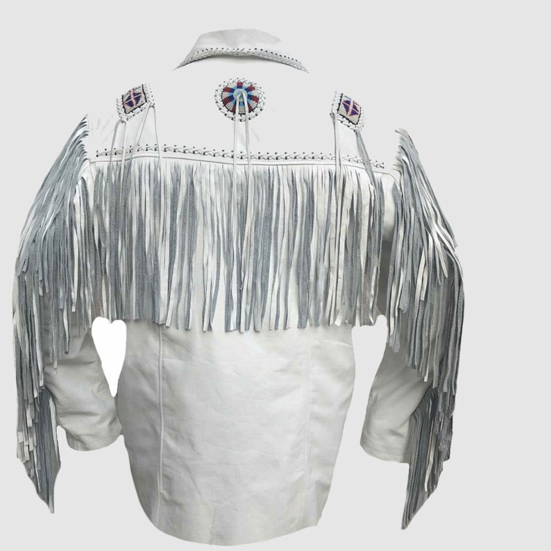 Native American Beaded White Leather Jacket for Men PWJ2780