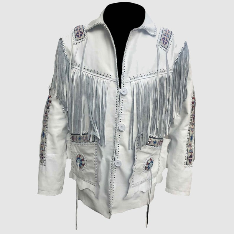 Native American Beaded White Leather Jacket for Men PWJ2780