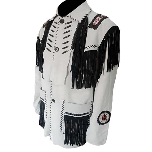 Native American Beaded White Leather Jacket for Men PWJ2790