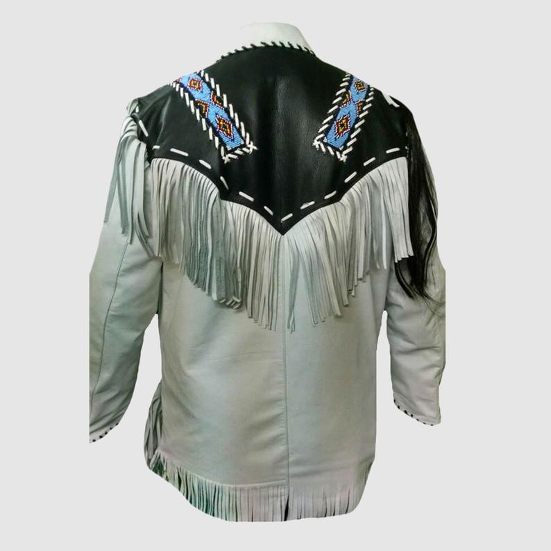 Native American Beaded White Leather Jacket for Men PWJ2800