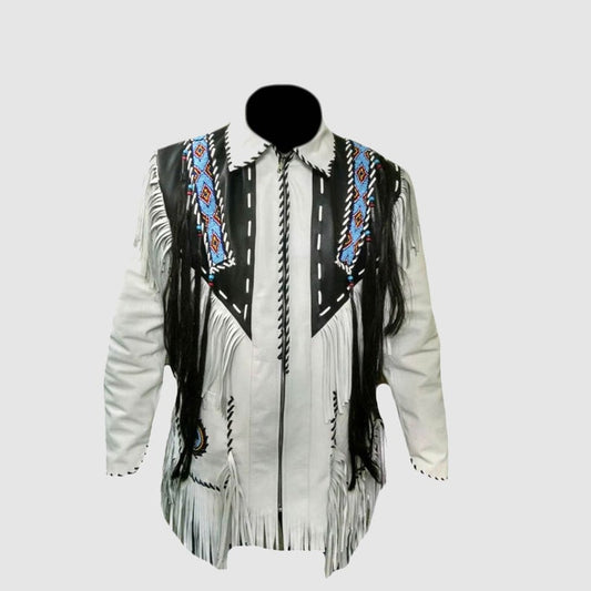 Native American Beaded White Leather Jacket for Men PWJ2800