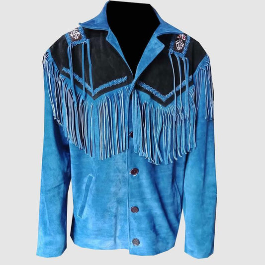 Native American Beaded Blue Suede Leather Jacket for Men PWJ2640