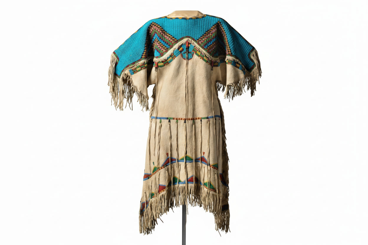 Traditional Native American wedding dress with fringes and colorful beadwork 