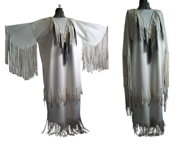 native american woman's wedding dress powwow regalia in white leather