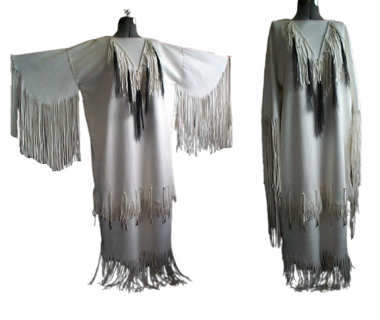 native american woman's wedding dress powwow regalia in white leather