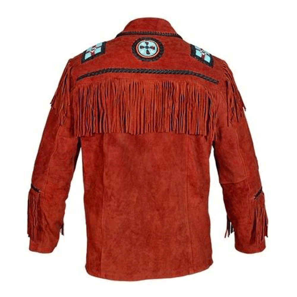 Native American Eagle Beaded Red Suede Leather Jacket for Men PWJ2420