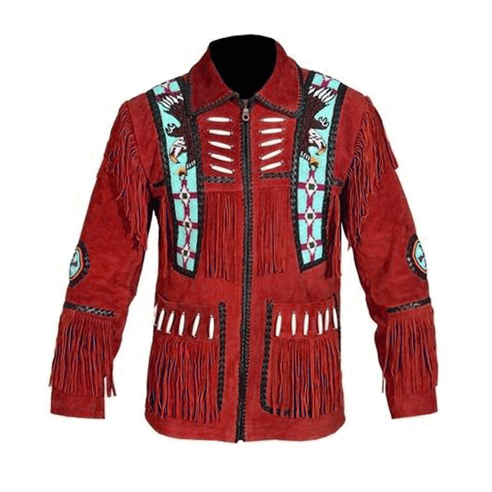 Native American Eagle Beaded Red Suede Leather Jacket for Men PWJ2420