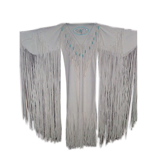 leather fringe powwow regalia on a white background